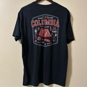 Men’s Columbia Sportswear Camping Navy Blue and Red Back Graphic XL T-Shirt.